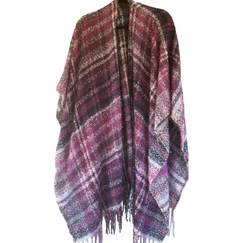 Plaid Fringe Shawl in Purple and Black